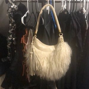 Real lama fur and nice leather hobo bag purse